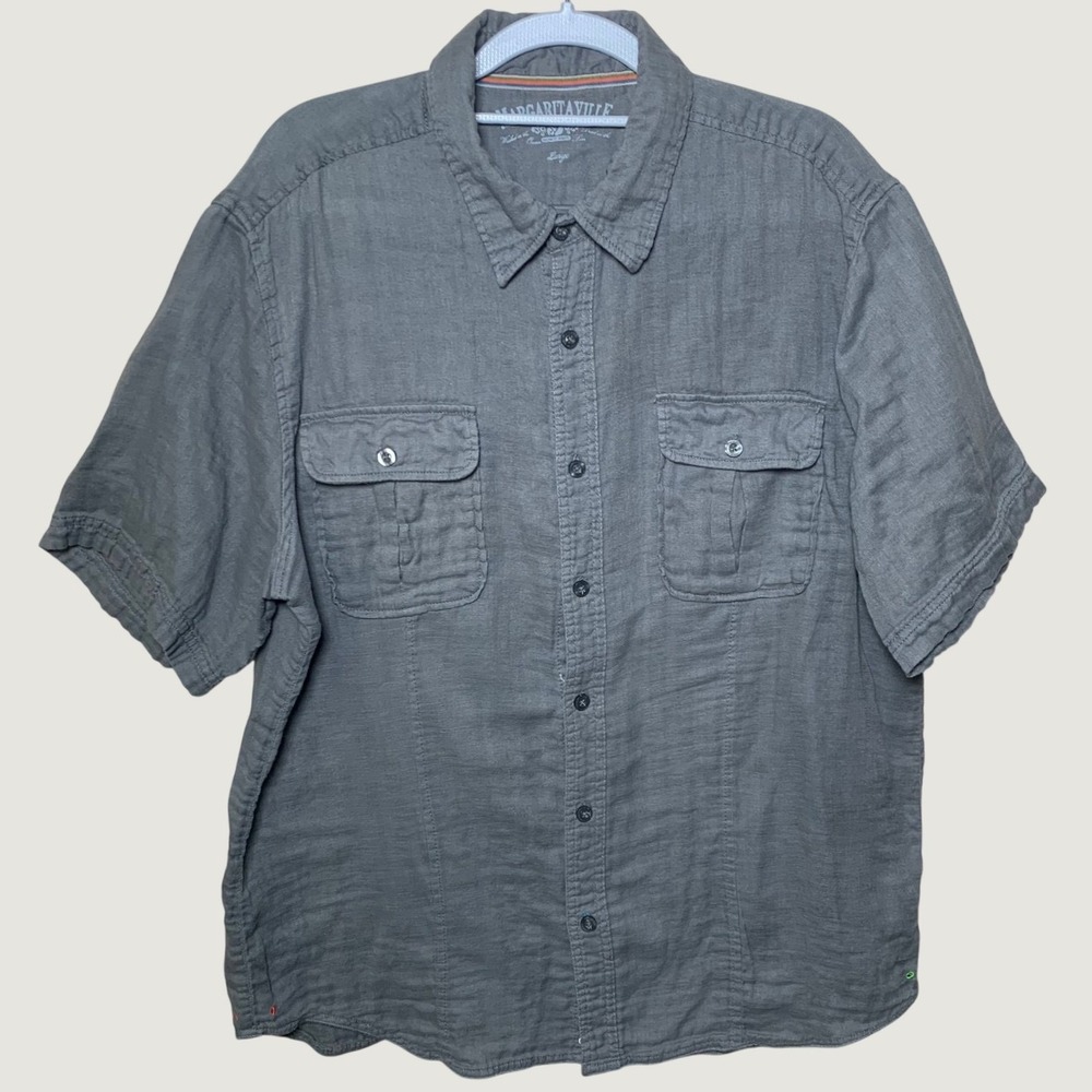 Margaritaville Button Down Mens Large Gray Excellent Short‎ Sleeve Pocket Shirt